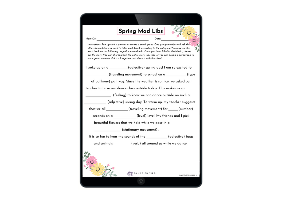 Spring Mad Libs Ages 510 Dance Ed Tips